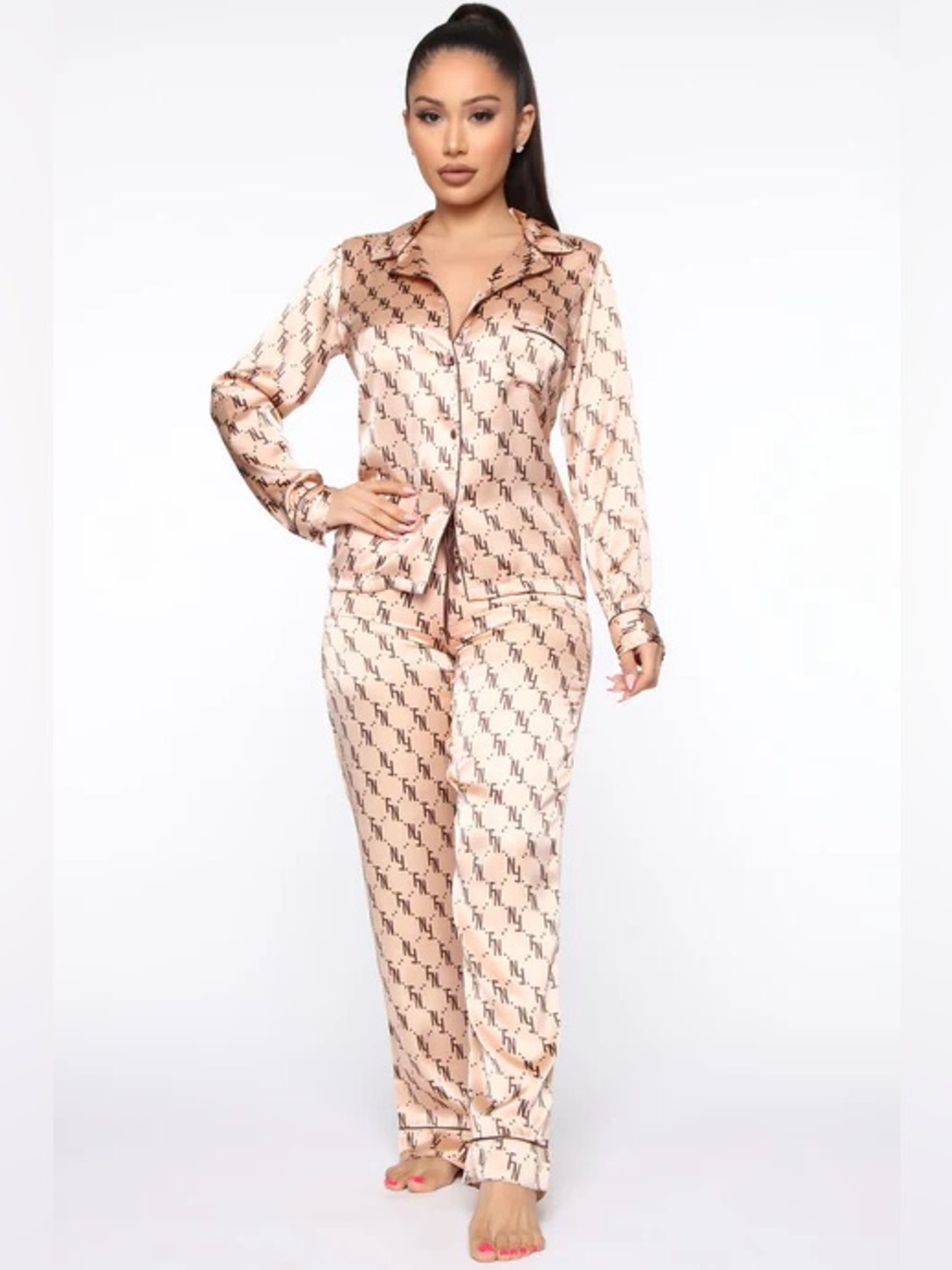 Fashion Nova Blush Two-Tone Satin Logo Pajama Set